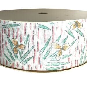 Vntg Fabric Ribbon Spool Iris Retro Green Peach 10 ft 1-7/16 inch Wide 80s 90s